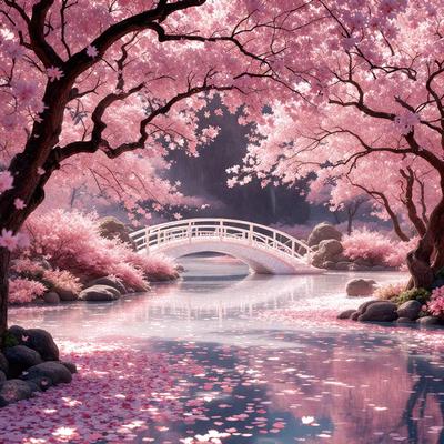 The primary subject of the image is a beautiful pink cherry blossom tree with a white bridge in the background. The setting is a serene pond with a bridge crossing over it. The visual style is a digital art illustration, creating a vibrant and lively atmosphere. The dominant colors are pink and white, with the pink cherry blossoms and the white bridge creating a sense of tranquility and harmony.